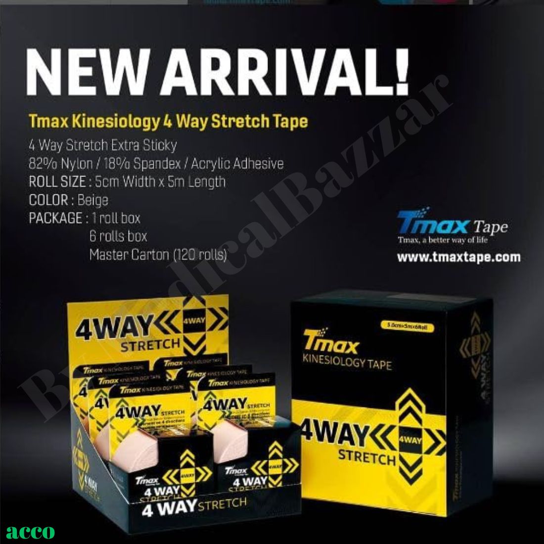 T max Waterproof Kinesiology Tape (4 Way Stretch, Plain, 5mtr x 5cm)