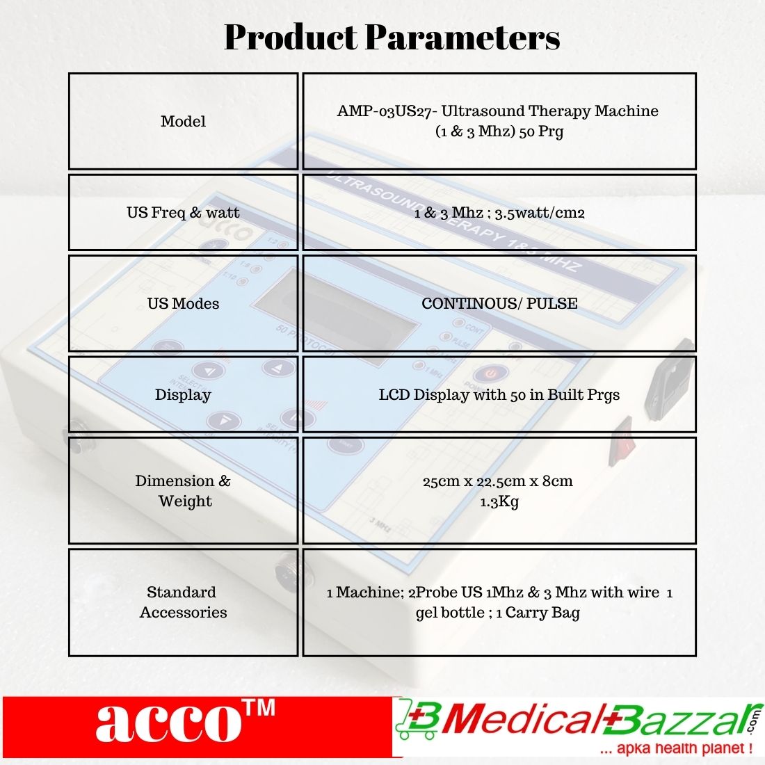 acco Ultrasound Therapy Machine 1 & 3 Mhz(LCD, 50Prgs)